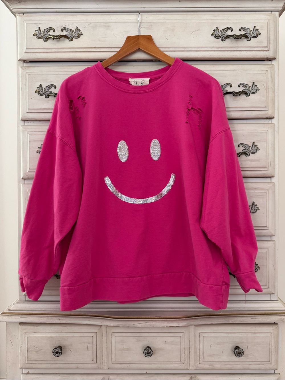 Pink Sequin Smiley Face Distressed Cotton Sweatshirt